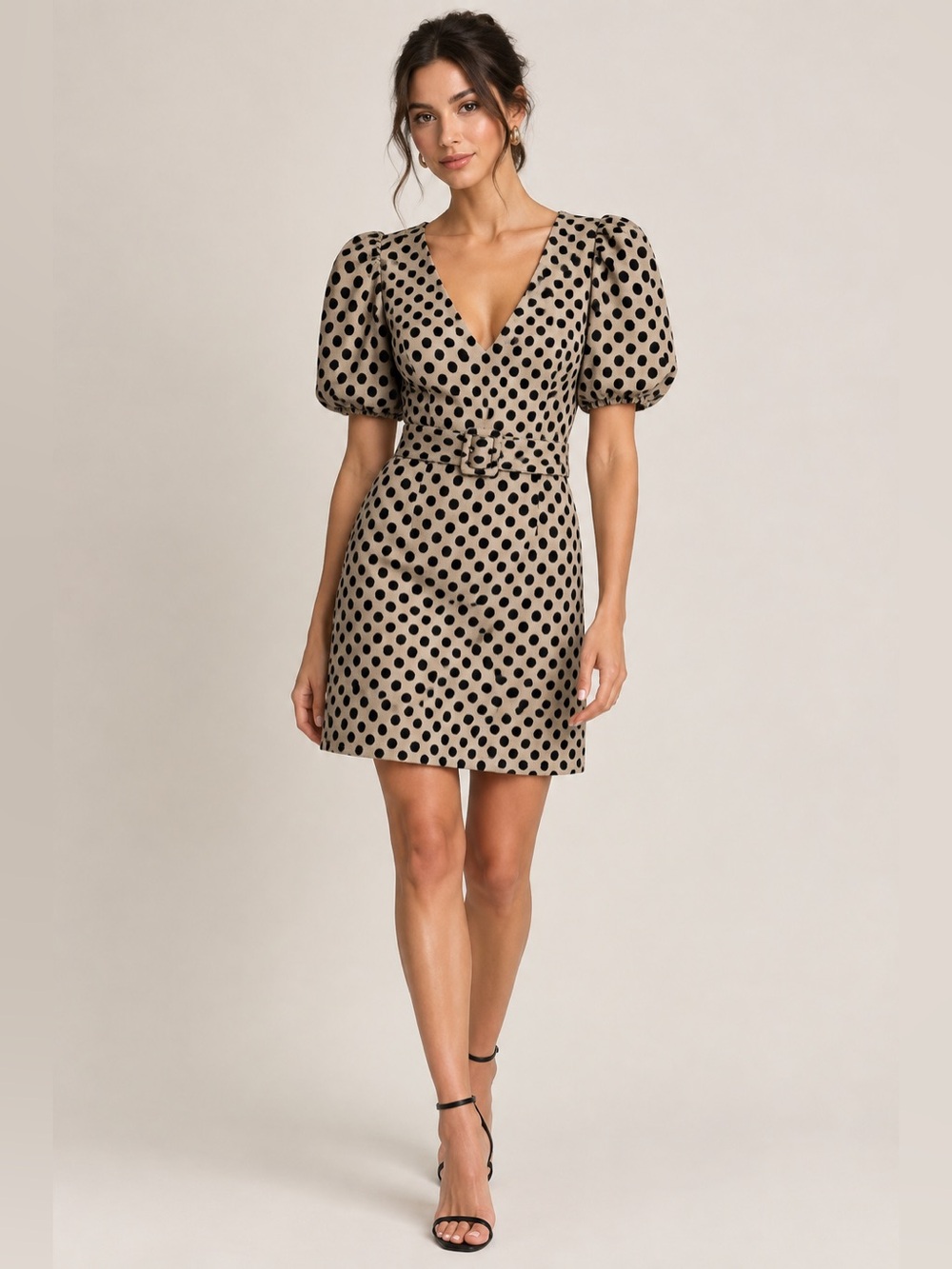 ZARA Parsian-girl Polka Dot Puff Sleeve Belted Mini Dress Black Tan V Neck S